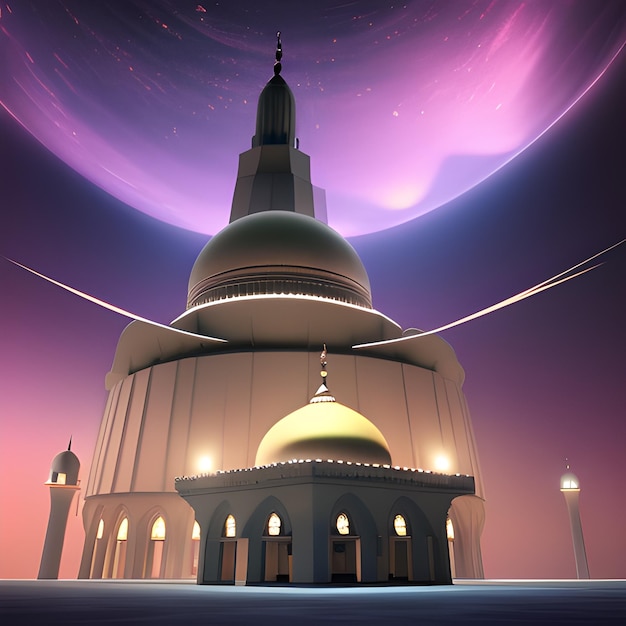 Kostenloses Foto ein bild einer moschee mit einem lila planeten im hintergrund.