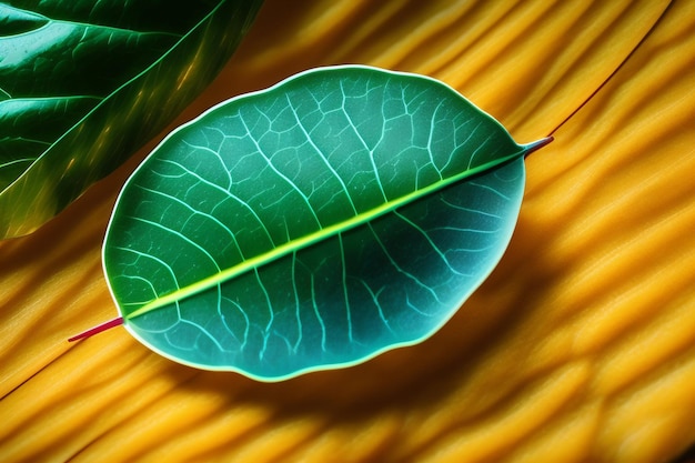 Ein Blatt mit grünen Adern liegt auf einer gelben Fläche.