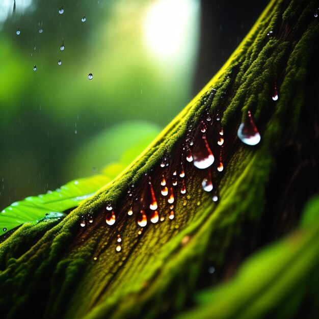 Ein Blatt mit Wassertropfen darauf und die Regentropfen sind auf dem Blatt.