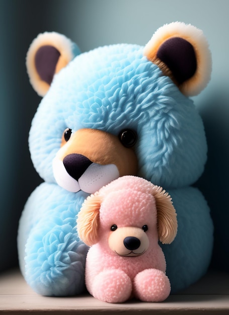 Ein blauer Teddybär mit einem rosa Teddybären auf dem Rücken.