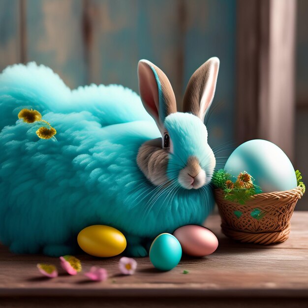 Ein blaues Häschen mit einem Korb voller Eier daneben.