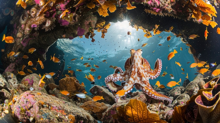 Kostenlose Foto ein blick auf den oktopus in seinem natürlichen unterwasserlebensraum