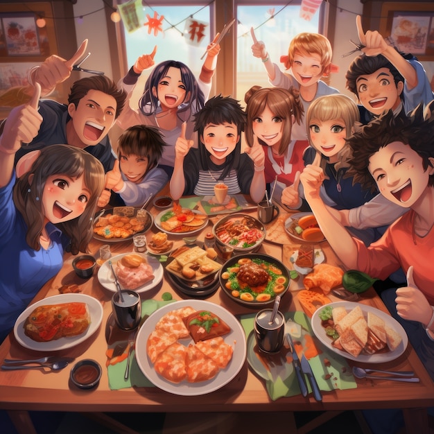 Ein Blick auf Leute, die ein köstliches Essen beim Wiedervereinigungsessen im Anime-Stil genießen