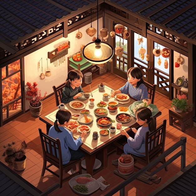Kostenloses Foto ein blick auf leute, die ein köstliches essen beim wiedervereinigungsessen im anime-stil genießen