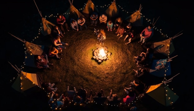 Ein Bonfire erhellt traditionelle, von KI erzeugte, fröhliche Menschenmengen, die Feste feiern