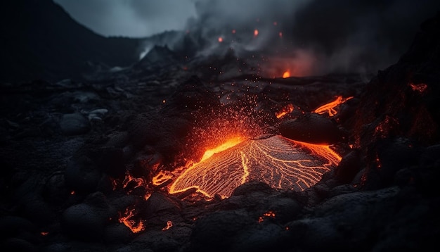 Ein brennender Berg lässt fließende Lava ausbrechen und zerstört die von der KI erzeugte Landschaft