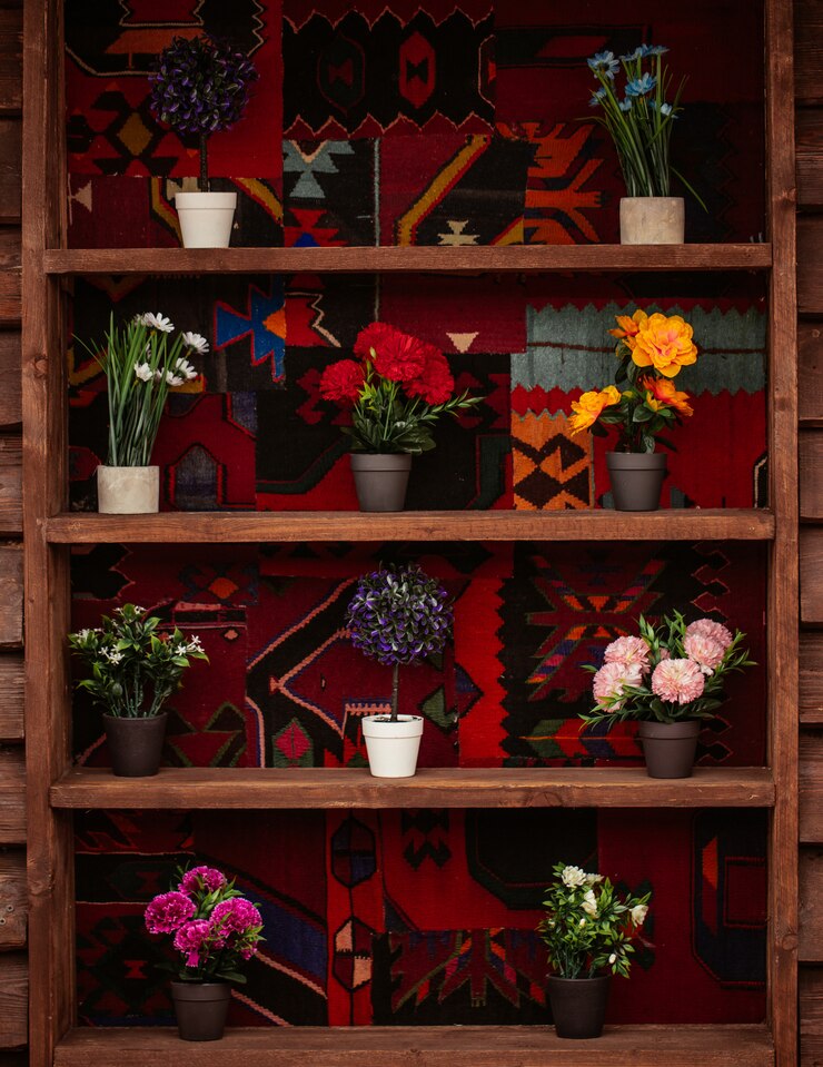 Kostenlose Foto ein bücherregal mit töpfen gemischter natürlicher blumen