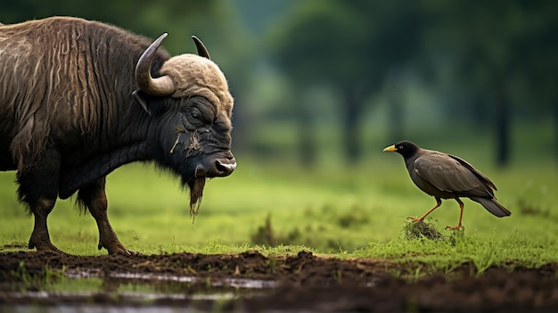 Kostenloses Foto ein büffel mit imposanten hörnern konfrontiert einen vogel auf dem boden