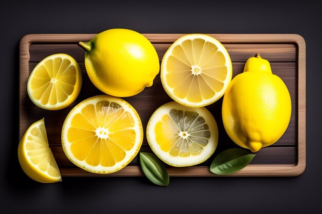 Ein Bündel Zitronen sind auf einem Tablett mit einigen Blättern