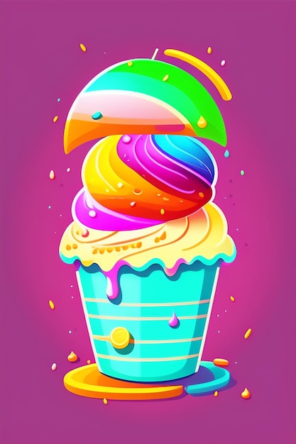 Kostenloses Foto ein bunter cupcake mit einem regenbogen auf der oberseite.
