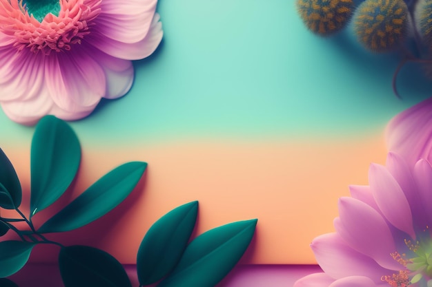 Ein bunter Hintergrund mit Blumen und einem grünen Blatt auf der linken Seite