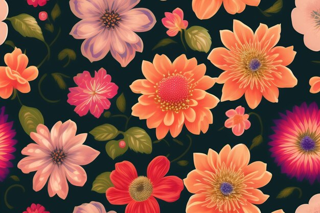 Ein buntes Blumenmuster mit orange und rosa Blumen.