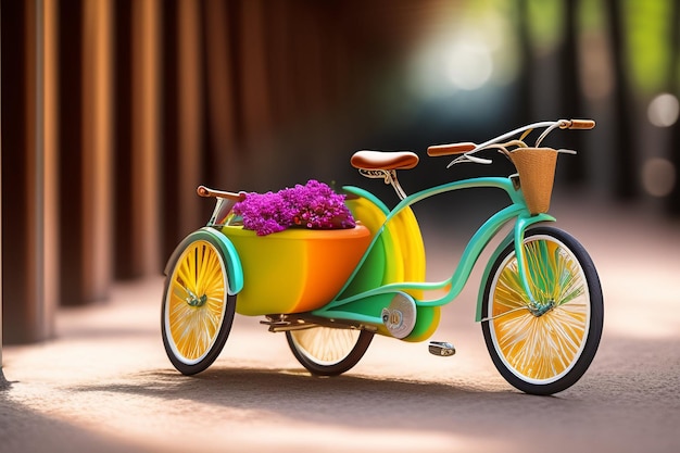 Ein buntes Fahrrad mit einem Blumenkorb darauf