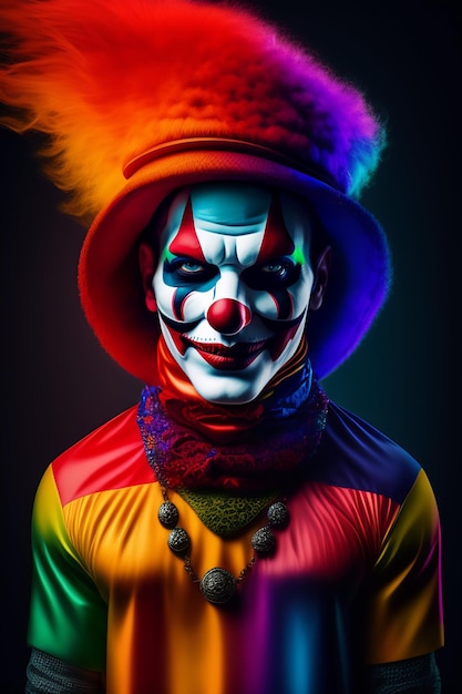 Ein Clown mit einem regenbogenfarbenen Hut und einem regenbogenfarbenen Hut