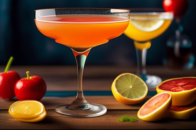 Ein Cocktail mit rotem Cocktail vor dunklem Hintergrund