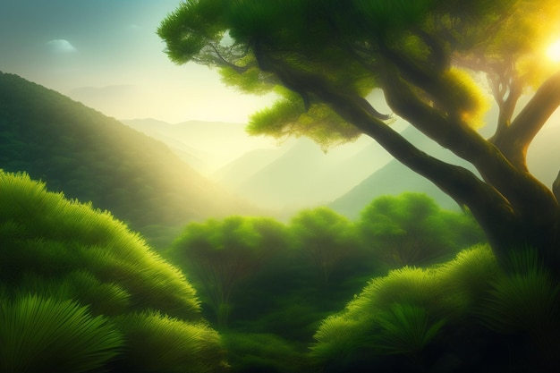 Ein digitales Gemälde eines Baumes in einer Berglandschaft