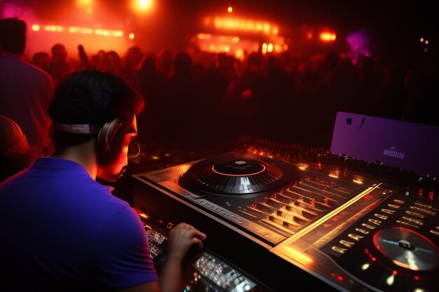 Ein DJ in einem Club mit einem Mann, der ein Headset trägt.