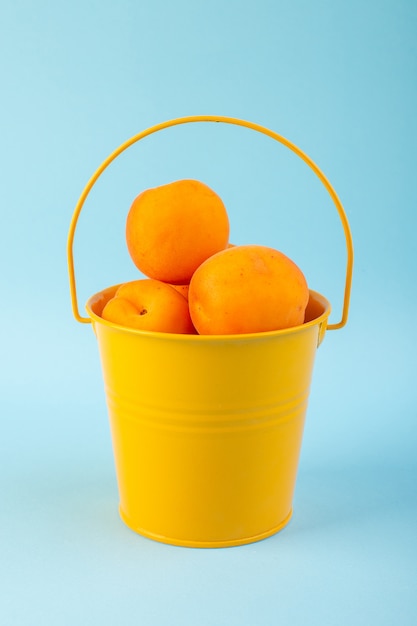 Ein Draufsichtkorb mit den frischen frischen milden Früchten der Aprikosen innerhalb des gelben Korbs lokalisiert