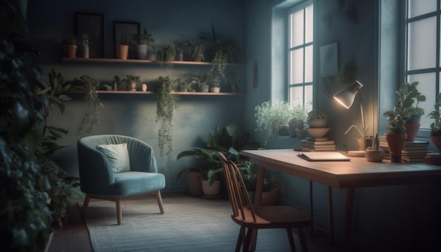 Ein dunkler Raum mit einem Schreibtisch und einer Lampe mit Pflanzen an der Wand.