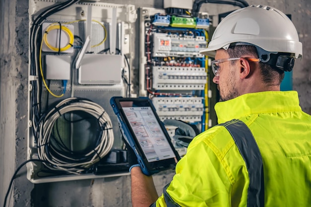 Ein Elektrotechniker, der in einer Schalttafel mit Sicherungen arbeitet, verwendet ein Tablet