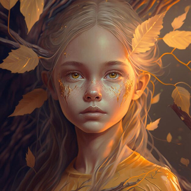 Ein Elfenmädchen mit goldenen Blättern im Gesicht