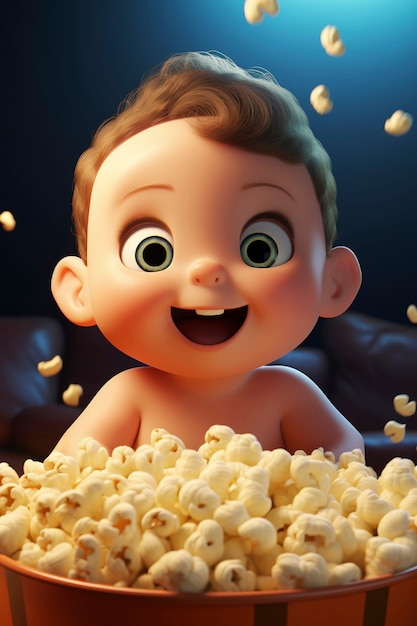 Kostenloses Foto ein entzückendes baby schaut sich im kino einen film mit popcorn an