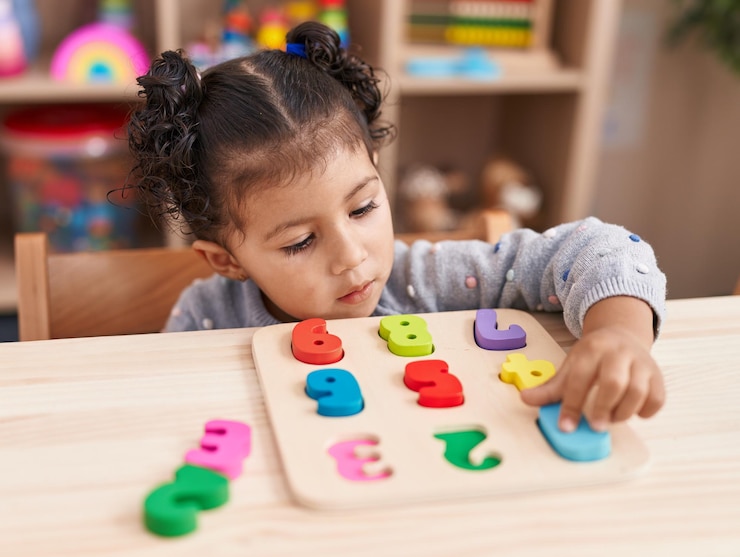 Kostenlose Foto ein entzückendes hispanisches mädchen spielt ein mathematik-puzzle-spiel und sitzt im kindergarten auf dem tisch.