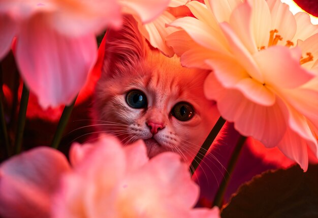 Ein entzückendes Porträt eines Haustieres, umgeben von Blumen
