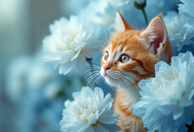 Ein entzückendes Porträt eines Haustieres, umgeben von Blumen