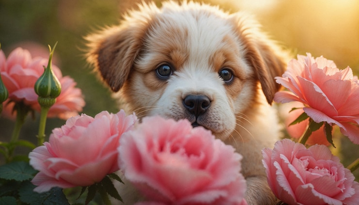 Kostenlose Foto ein entzückendes porträt eines haustieres, umgeben von blumen
