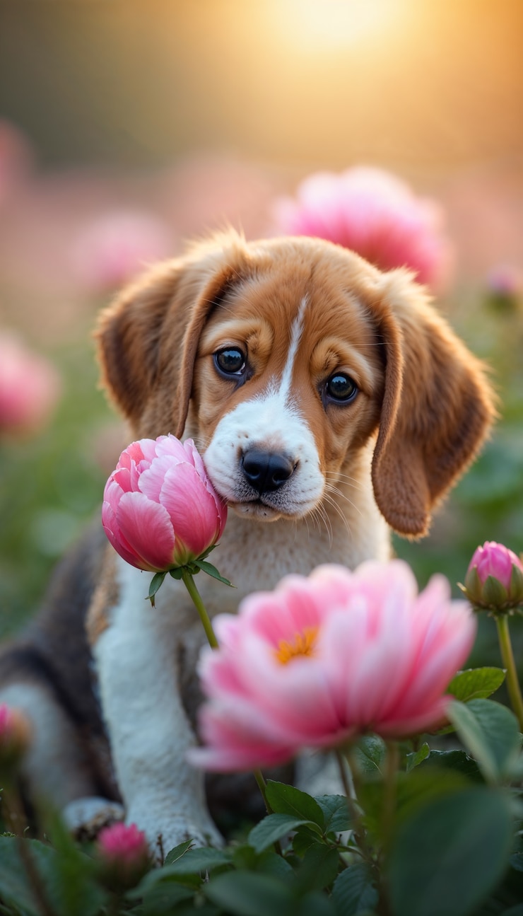 Kostenlose Foto ein entzückendes porträt eines haustieres, umgeben von blumen