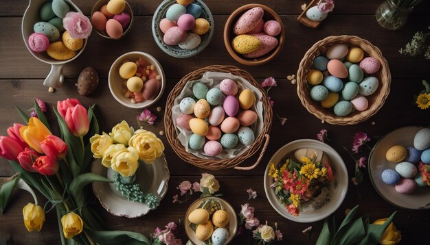 Ein farbenfroher Frühlingskorb zeigt hausgemachte Süßigkeiten, die von KI generiert wurden