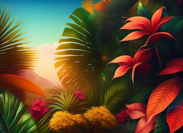 Ein farbenfrohes Bild tropischer Pflanzen, auf die die Sonne scheint.
