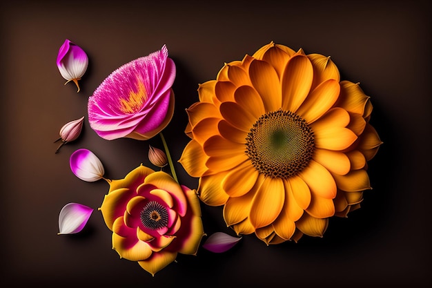 Ein farbenfrohes Blumenarrangement mit dem Wort Liebe darauf
