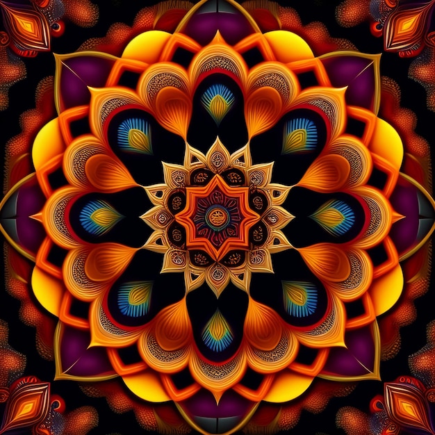 Ein farbenfrohes Mandala mit schwarzem Hintergrund und einem roten Kreis in der Mitte.