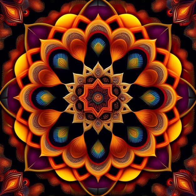 Ein farbenfrohes Mandala mit schwarzem Hintergrund und einem roten Kreis in der Mitte.