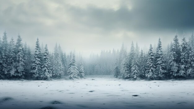 Ein Feld mit Tannenbäumen während eines Schneesturms