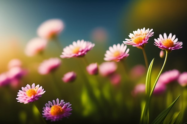 Kostenloses Foto ein feld von rosa und gelben blumen mit einem blauen himmel im hintergrund