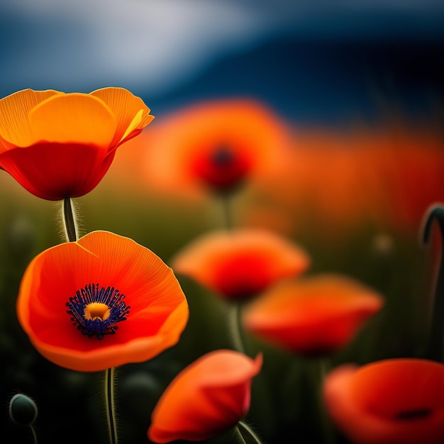 Kostenloses Foto ein feld von roten mohnblumen mit einem blauen hintergrund und einem blauen hintergrund.