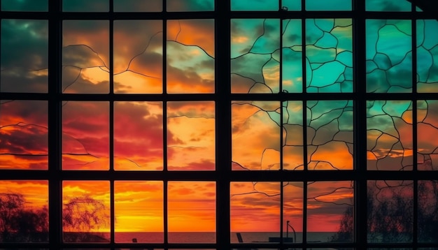 Kostenloses Foto ein fenster mit einem sonnenuntergang im hintergrund