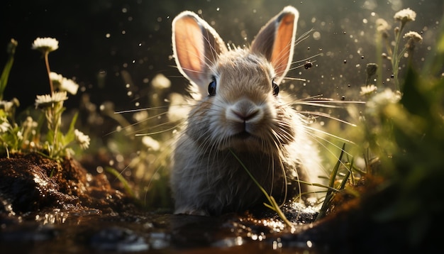 Kostenloses Foto ein flauschiges baby kaninchen sitzt in grünem gras, das von künstlicher intelligenz erzeugt wurde