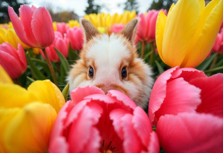 Ein flauschiges Kaninchen in Tulpen