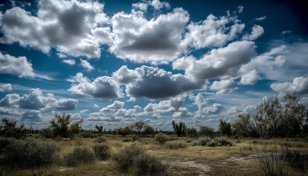 Ein Foto von einem Feld mit Wolken und einem blauen Himmel