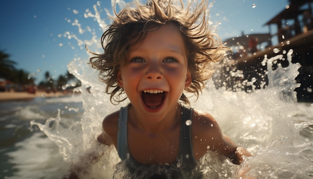 Kostenloses Foto ein fröhliches kind, das im wasser planscht und den sommer genießt, erzeugt durch künstliche intelligenz