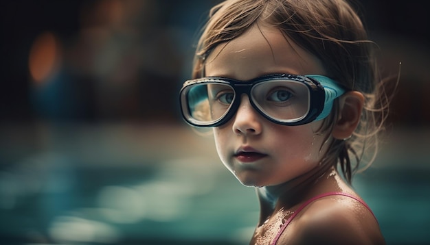 Ein fröhliches Mädchen mit Sonnenbrille, das im Freien schwimmt, generiert von KI