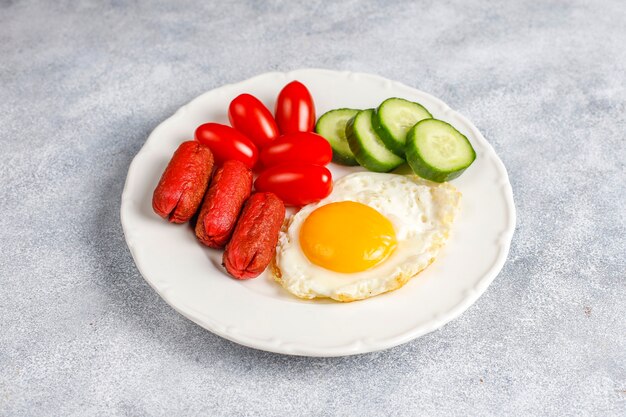 Ein Frühstücksteller mit Cocktailwürsten, Spiegeleiern, Kirschtomaten, Süßigkeiten, Früchten und einem Glas Pfirsichsaft.