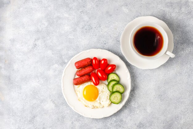 Ein Frühstücksteller mit Cocktailwürsten, Spiegeleiern, Kirschtomaten, Süßigkeiten, Früchten und einem Glas Pfirsichsaft.