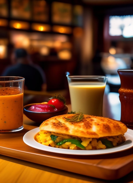 Ein Frühstücksteller mit einem Glas Milch und einem Glas Orangensaft.