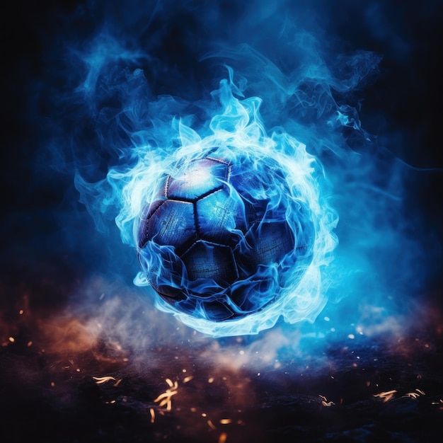 Ein fußball, der in blauen flammen und schwarzem rauch gehüllt ist