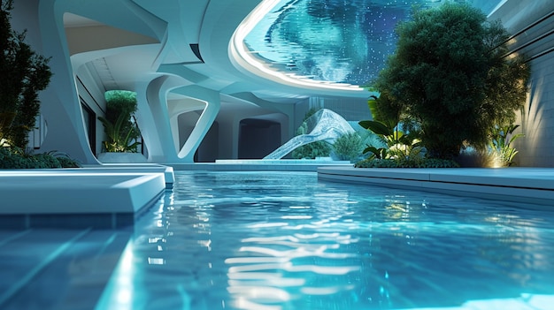 Ein futuristischer, geometrisch gestalteter Pool mit wechselnden LED-Lichtern